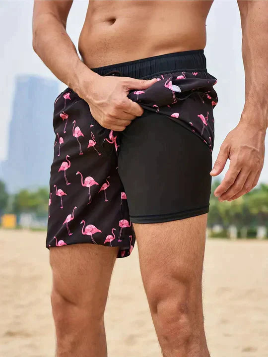 Pantalones cortos de baño de verano para hombre, estampados, de secado rápido, forrados y con cordón