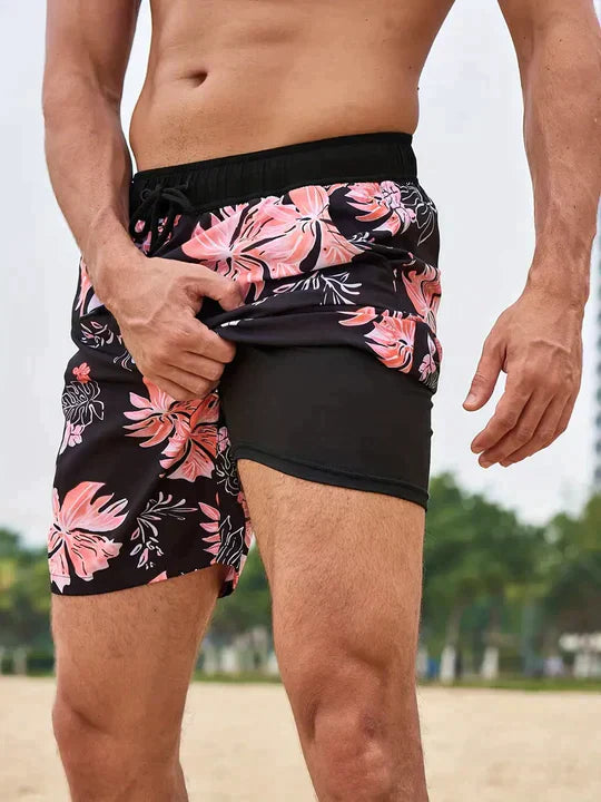 Pantalones cortos de baño de verano para hombre, estampados, de secado rápido, forrados y con cordón