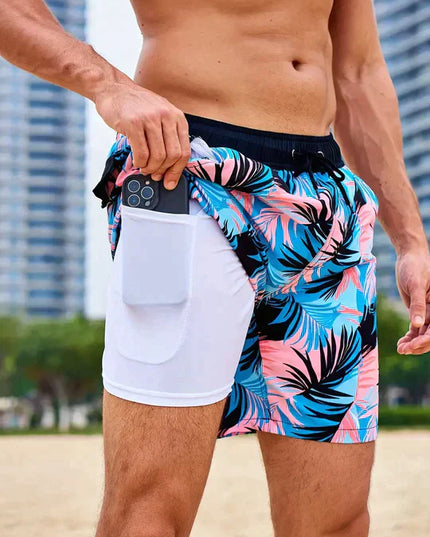 Pantalones cortos de baño de verano para hombre, estampados, de secado rápido, forrados y con cordón