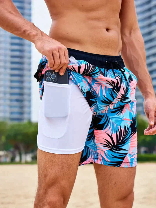 Pantalones cortos de baño de verano para hombre, estampados, de secado rápido, forrados y con cordón