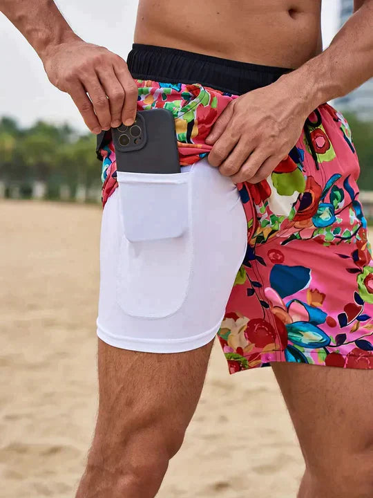 Pantalones cortos de baño de verano para hombre, estampados, de secado rápido, forrados y con cordón