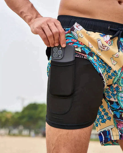 Pantalones cortos de baño de verano para hombre, estampados, de secado rápido, forrados y con cordón