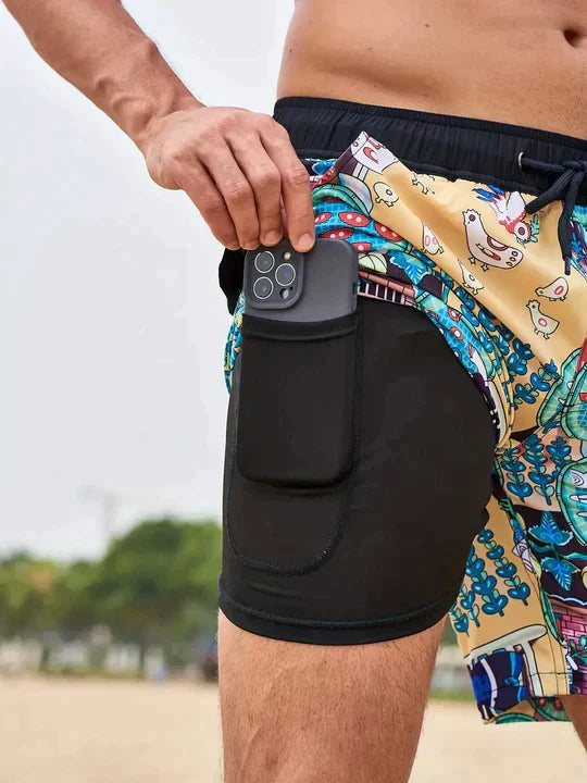 Pantalones cortos de baño de verano para hombre, estampados, de secado rápido, forrados y con cordón