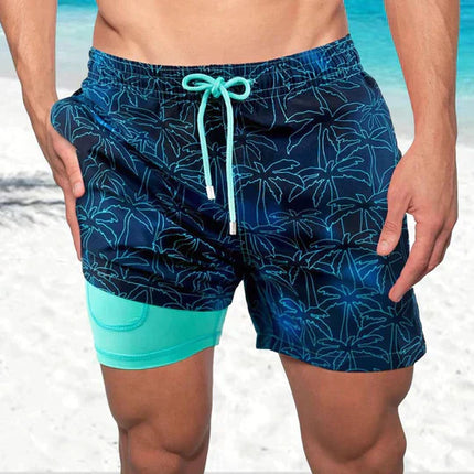 Pantalones cortos de baño de verano para hombre, estampados, de secado rápido, forrados y con cordón