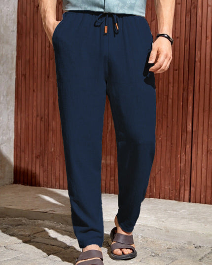 Pantalon en lin à jambe droite et coupe décontractée avec cordon pour homme, été