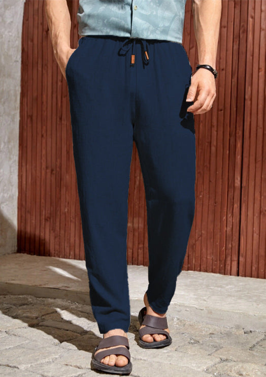 Pantalon en lin à jambe droite et coupe décontractée avec cordon pour homme, été