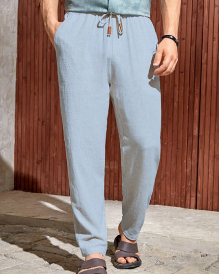 Pantalon en lin à jambe droite et coupe décontractée avec cordon pour homme, été