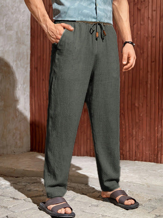 Pantalon en lin à jambe droite et coupe décontractée avec cordon pour homme, été