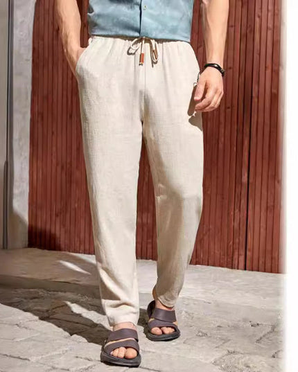 Pantalon en lin à jambe droite et coupe décontractée avec cordon pour homme, été