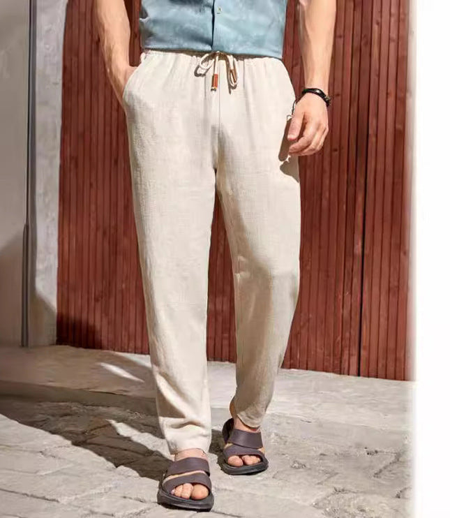 Pantalon en lin à jambe droite et coupe décontractée avec cordon pour homme, été