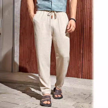 Pantalon en lin à jambe droite et coupe décontractée avec cordon pour homme, été