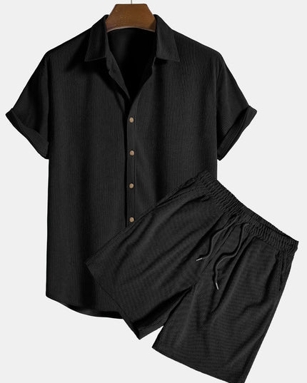 Ensemble d'été pour homme en deux pièces avec chemise à manches courtes côtelée et boutons