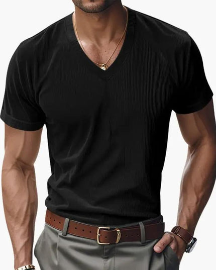 T-shirt en maille côtelée à col en V et manches courtes pour homme, été
