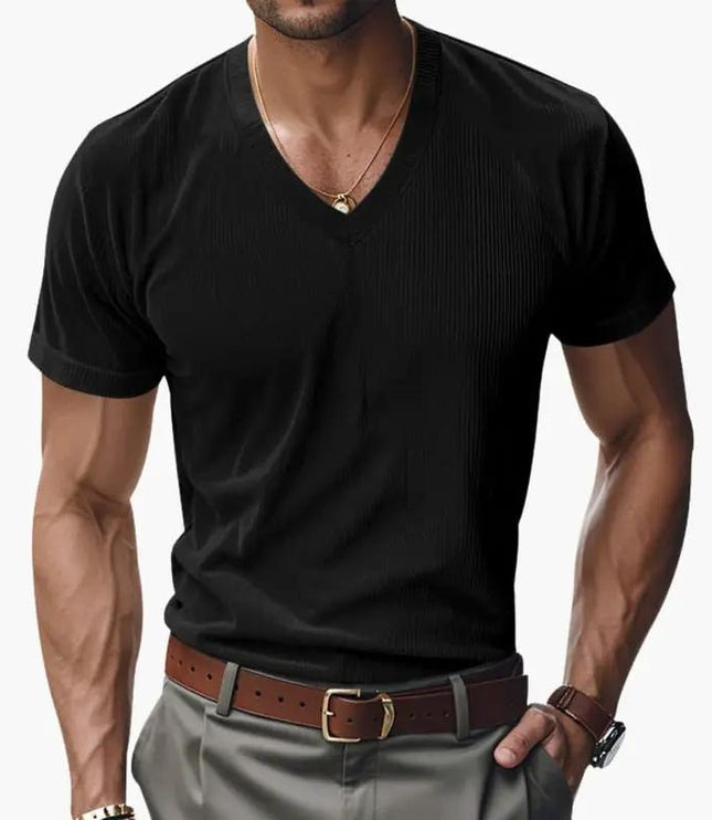 T-shirt en maille côtelée à col en V et manches courtes pour homme, été