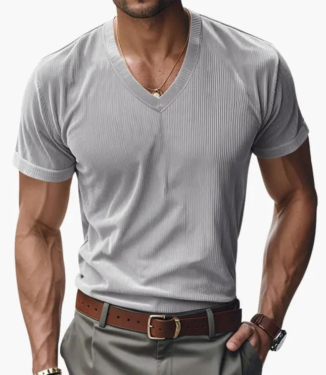 T-shirt en maille côtelée à col en V et manches courtes pour homme, été