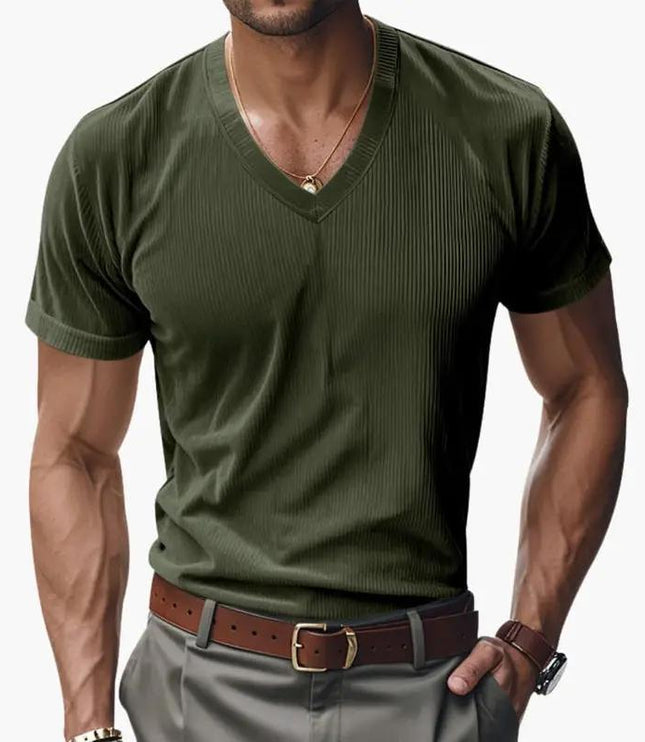 T-shirt en maille côtelée à col en V et manches courtes pour homme, été