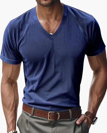 T-shirt en maille côtelée à col en V et manches courtes pour homme, été