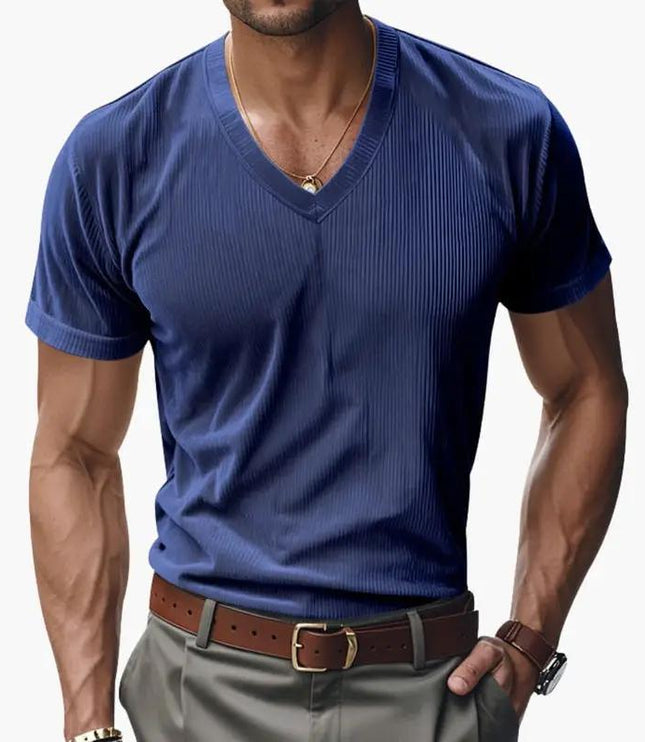 T-shirt en maille côtelée à col en V et manches courtes pour homme, été