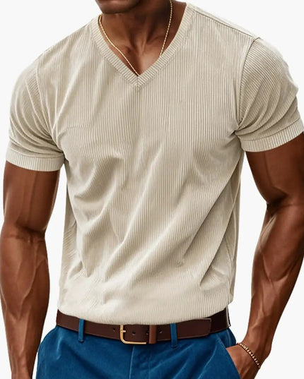 T-shirt en maille côtelée à col en V et manches courtes pour homme, été