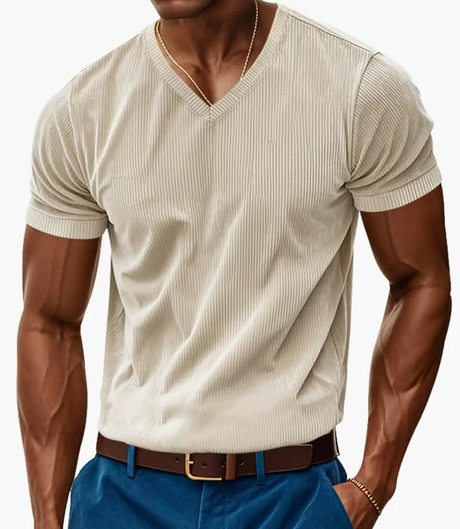 T-shirt en maille côtelée à col en V et manches courtes pour homme, été