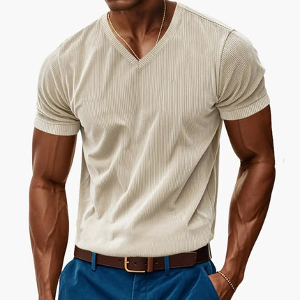 T-shirt en maille côtelée à col en V et manches courtes pour homme, été