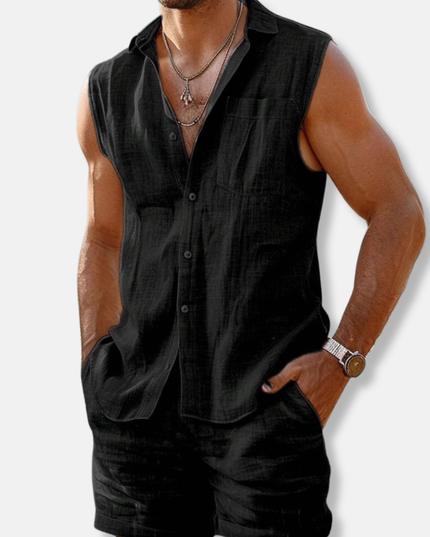 Ensemble chemise sans manches en lin et shorts pour homme, été