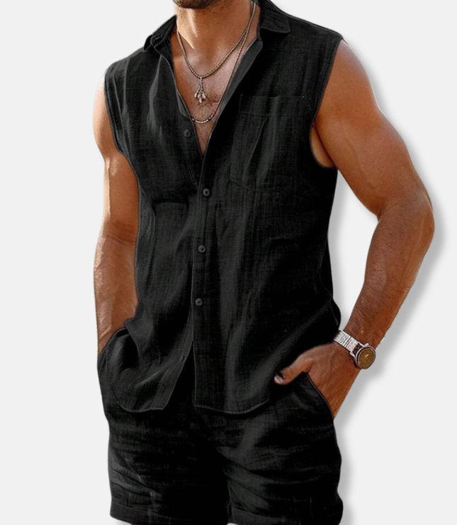Ensemble chemise sans manches en lin et shorts pour homme, été