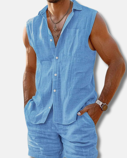 Ensemble chemise sans manches en lin et shorts pour homme, été