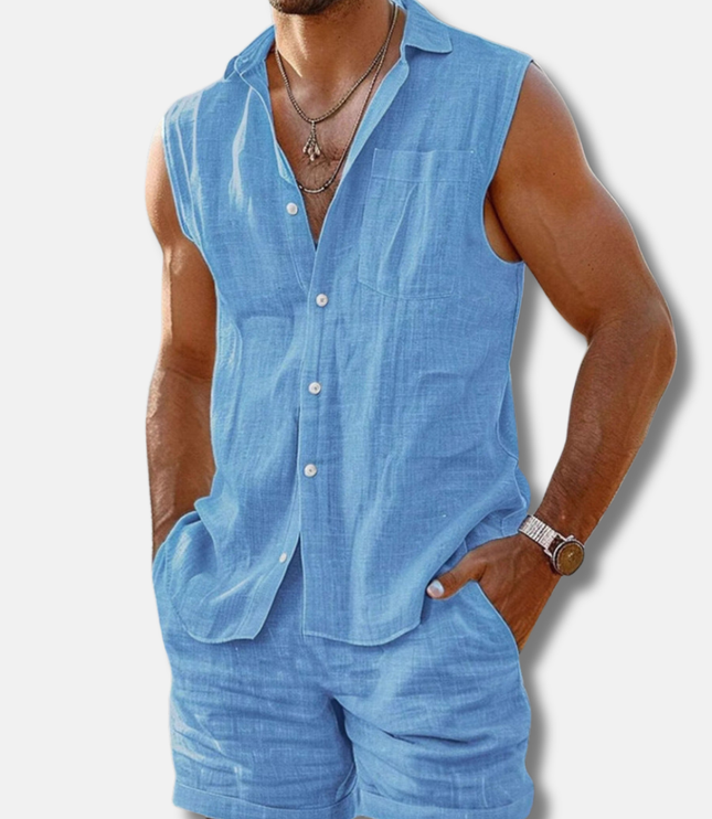 Ensemble chemise sans manches en lin et shorts pour homme, été