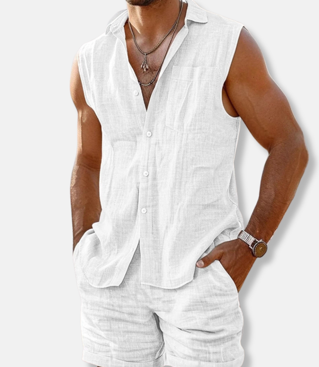 Ensemble chemise sans manches en lin et shorts pour homme, été