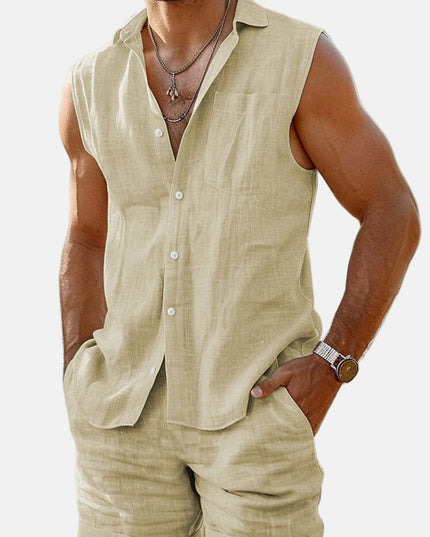 Ensemble chemise sans manches en lin et shorts pour homme, été