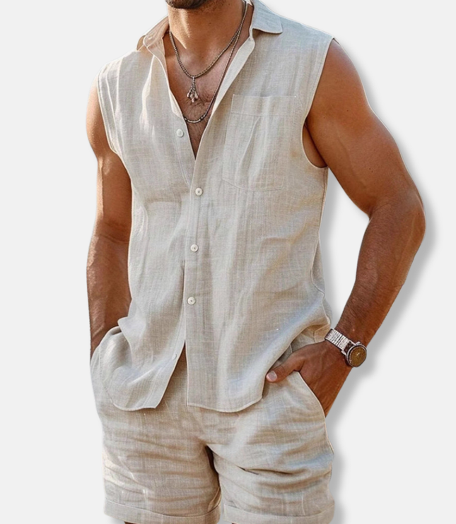 Ensemble chemise sans manches en lin et shorts pour homme, été
