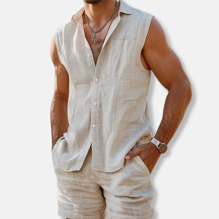 Ensemble chemise sans manches en lin et shorts pour homme, été