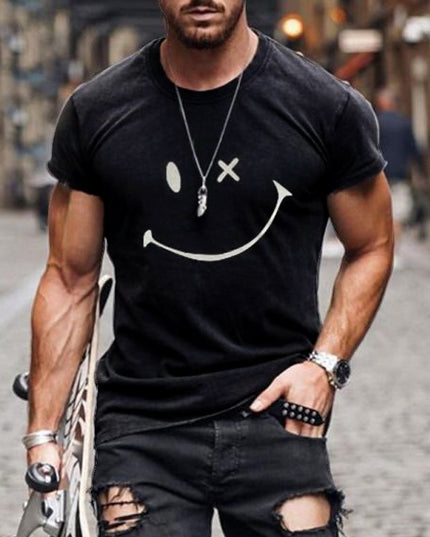 T-shirt d'été pour homme à manches courtes avec col rond et motif smiley
