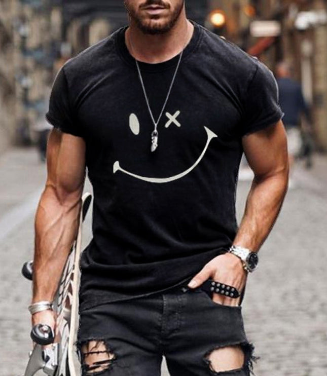 T-shirt d'été pour homme à manches courtes avec col rond et motif smiley