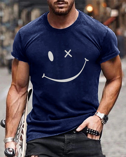 T-shirt d'été pour homme à manches courtes avec col rond et motif smiley