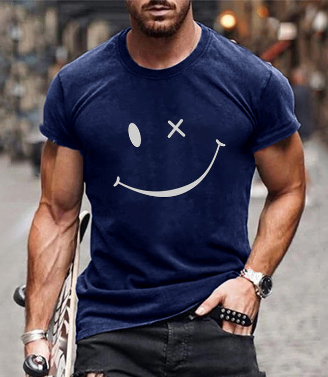T-shirt d'été pour homme à manches courtes avec col rond et motif smiley