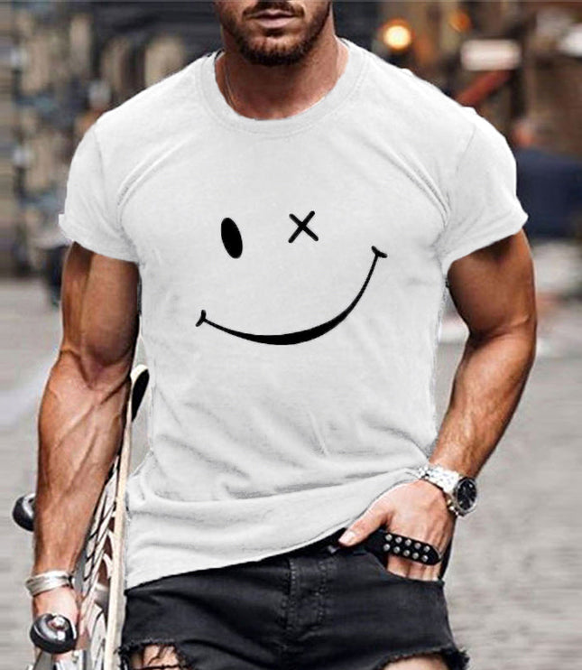 T-shirt d'été pour homme à manches courtes avec col rond et motif smiley