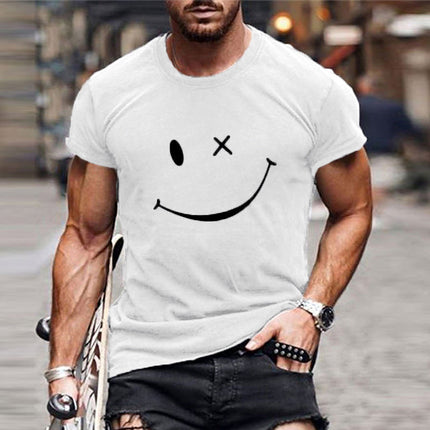 T-shirt d'été pour homme à manches courtes avec col rond et motif smiley