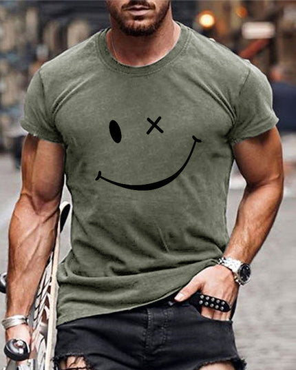 T-shirt d'été pour homme à manches courtes avec col rond et motif smiley