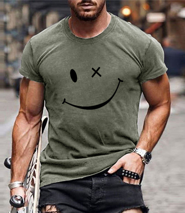 T-shirt d'été pour homme à manches courtes avec col rond et motif smiley