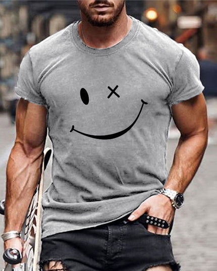 T-shirt d'été pour homme à manches courtes avec col rond et motif smiley