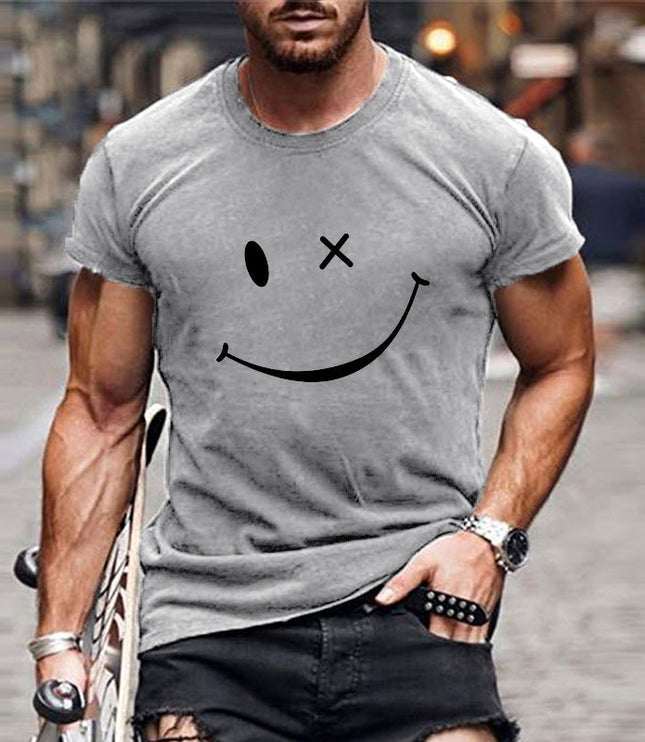 T-shirt d'été pour homme à manches courtes avec col rond et motif smiley