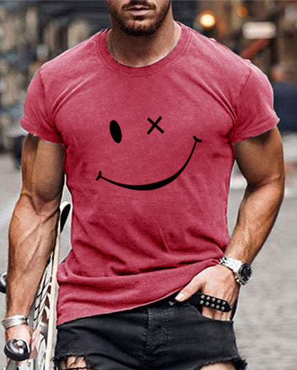 T-shirt d'été pour homme à manches courtes avec col rond et motif smiley