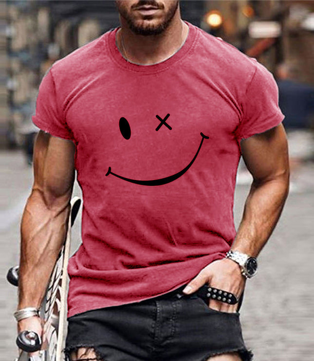 T-shirt d'été pour homme à manches courtes avec col rond et motif smiley