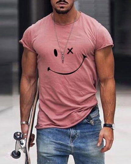 T-shirt d'été pour homme à manches courtes avec col rond et motif smiley