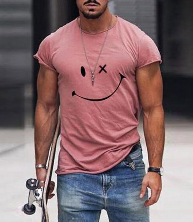 T-shirt d'été pour homme à manches courtes avec col rond et motif smiley
