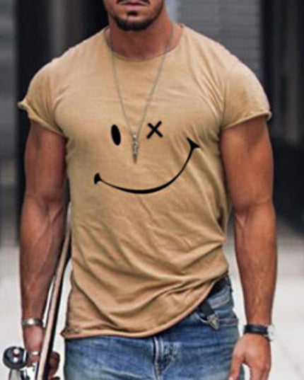 T-shirt d'été pour homme à manches courtes avec col rond et motif smiley