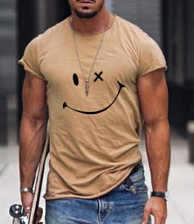 T-shirt d'été pour homme à manches courtes avec col rond et motif smiley