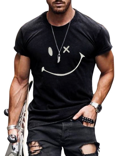T-shirt d'été pour homme à manches courtes avec col rond et motif smiley